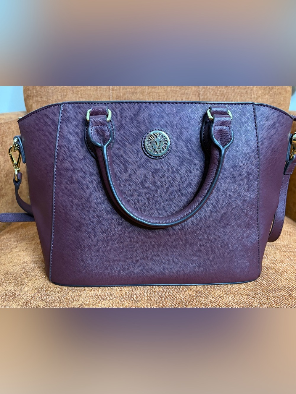 Anne Klein Burgundy Satchel Handbag with Crossbody Strap